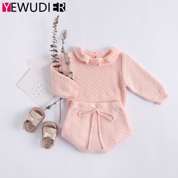 

autumn baby girl sweater clothes set long sleeve soft knitting cute ruffle short triangle pants infant pink knitted outfits, White