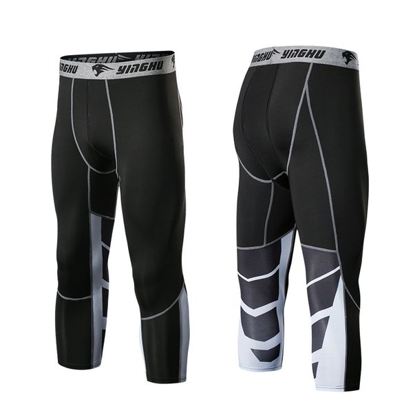 

men running pants gym fitness compression tights 3/4 sports pants football basketball soccer shorts jogger short leggings, Black;blue