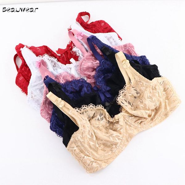 

beauwear women's unlined lace minimizer bra plus size support underwired everyday bras for ladies 34-44 d e cup breathable, Red;black