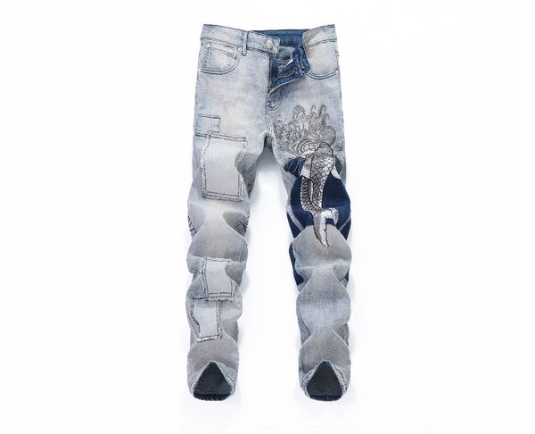 

fashion trend stretch denim european and american popular spring and summer embroidery carp splicing trim jeans a6666, Blue