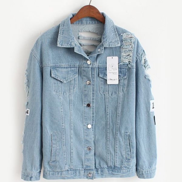 

women frayed denim bomber jacket harajuku where is my mind print female coat autumn casual turn-down collar long sleeve jackets, Black;brown