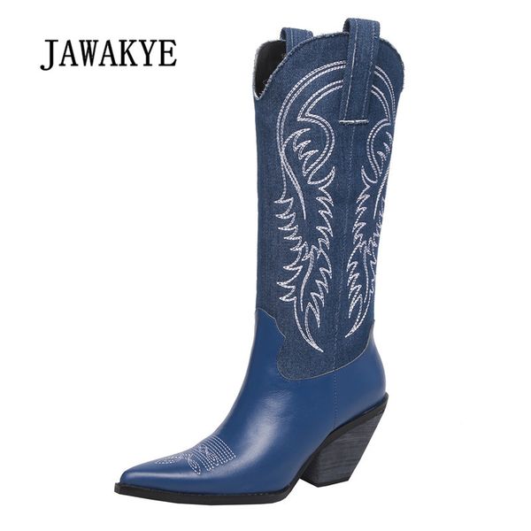 

2018 cowboy boots for women pointed toe embroidered flower strange heel boots lady retro runway knee high, Black