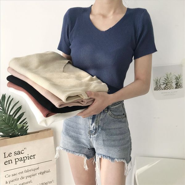 

v-neck ice silk short-sleeved pure white sweater women's white pullover slim pullover shirt shirt sweater