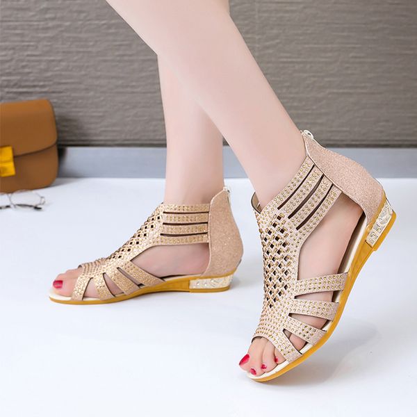 

women sandals gladiator fashion ladies hollow out shoes summer female zip slip-on flats women's peep toe footwear 2020 new, Black