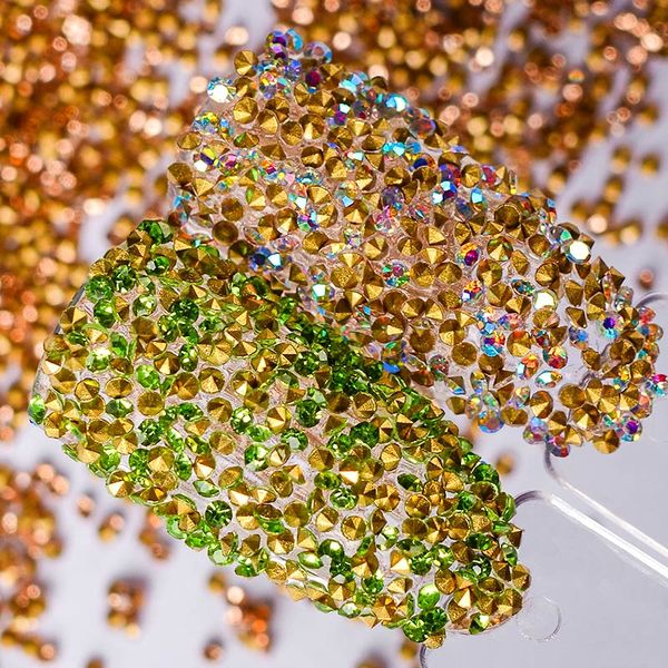

glitter crystal rhinestones for nails gold green uv manicure gems 1.0-1.1mm sharp bottom nail art decoration strass 1440pcs/set, Silver;gold