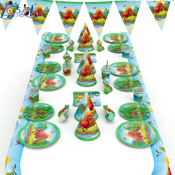 

cartoon dinosaur theme disposable tableware sets for kids happy birthday party decorations plates cups napkins party supplies