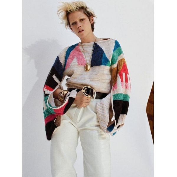 

autumn winter 2019 women's geometric patterns color game horn sleeves sweaters soft cashmere sweaters, Black;white