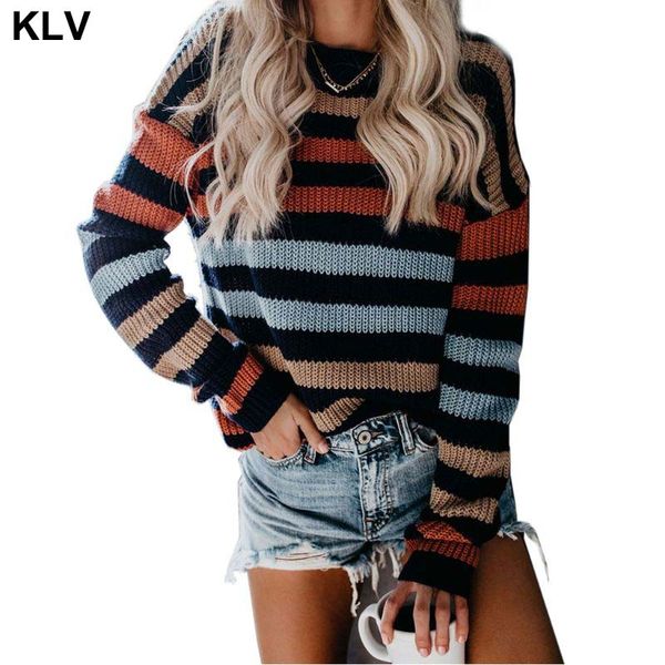 

2019 autumn women ladies loose pullover sweater fit knitwear jumper long sleeve rainbow stripes knitting clothes spring winter f, White;black