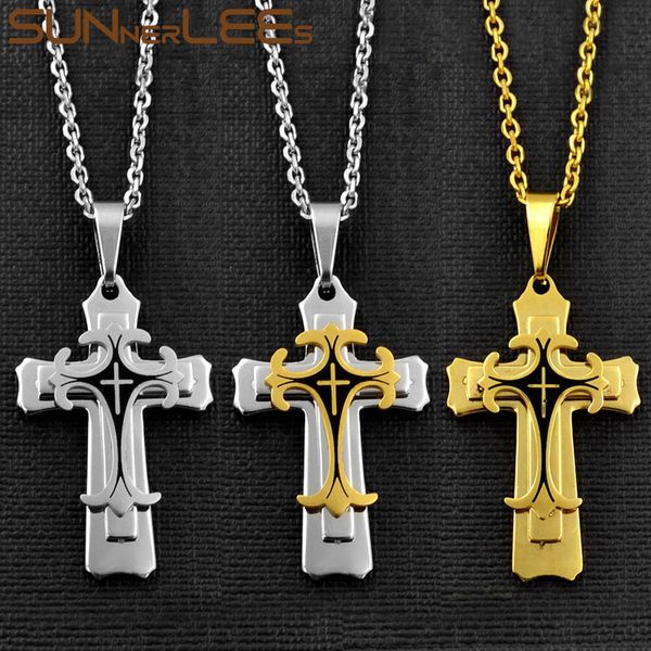 

sunnerlees 316l stainless steel jesus christ cross pendant necklace rolo link chain silver gold black men boys gift sp208