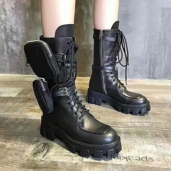 

2020 autumn and winter new thick bottom fashionable motorcycle boots female handsome martin boots thick heel strap mid boots military boot, Black