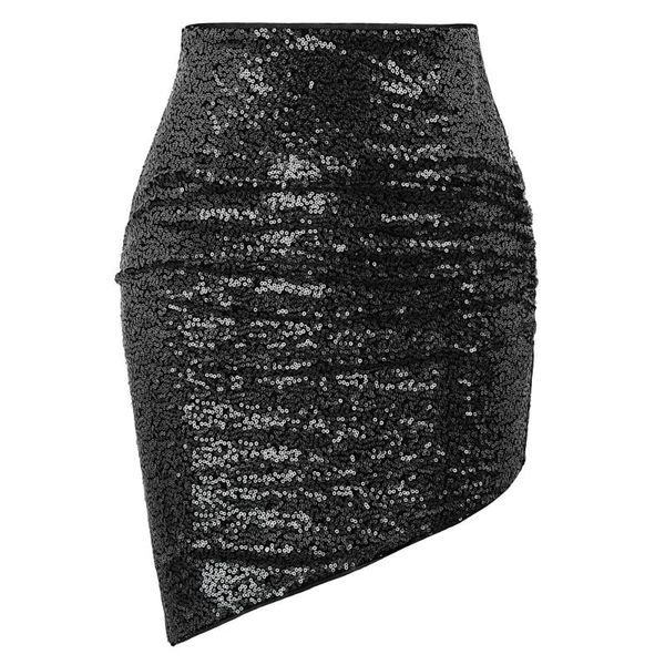 

kate kasin women asymmetrical ruched sequin mini skirt for party club short mini irregular hem glitter bodycon pencil skirt, Black