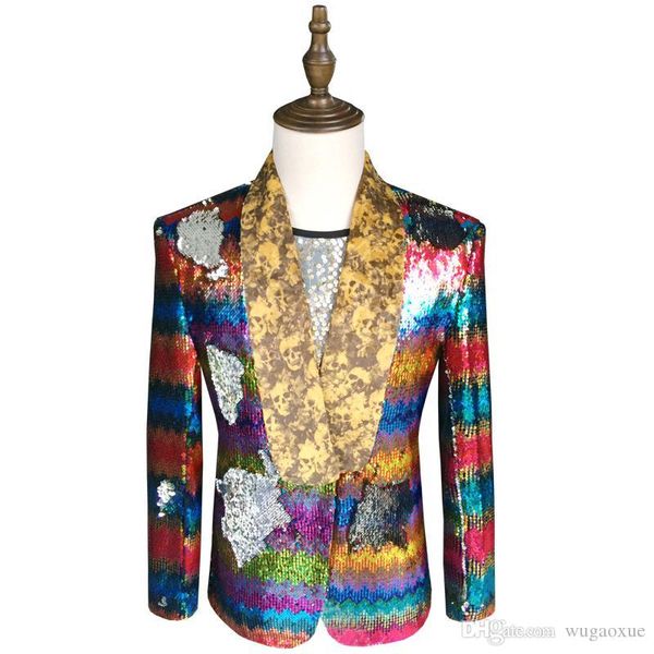 

men's rainbow double-sided sequins suits men's singers personality trend performance costumes stars singing party hosts suits, White;black