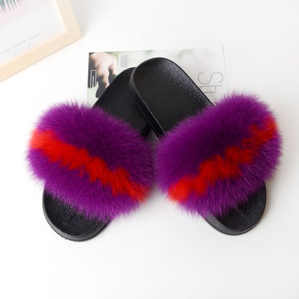 

wholesale multi color real winter sandal fur lined slides fox fur slippers for kids, Black