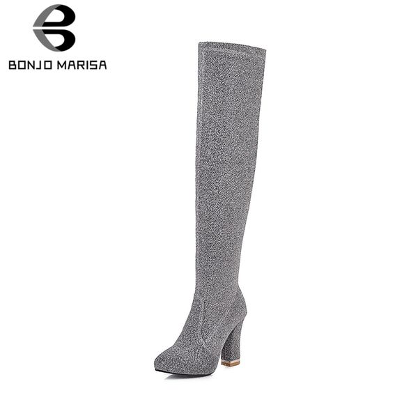

bonjomarisa new party wedding knee high boots women 2019 autumn winter warm add fur boots high heels shoes woman 34-43, Black