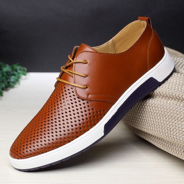 

2019 men casual shoes fashion leather shoes men summer flats breathable holes sneakers platform comfortable flat for, Black