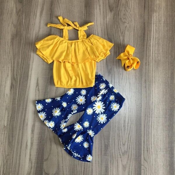 

baby girl summer capri set girls solid yellow top цветочные расклешенные брюки девушки наряд с бантом, White