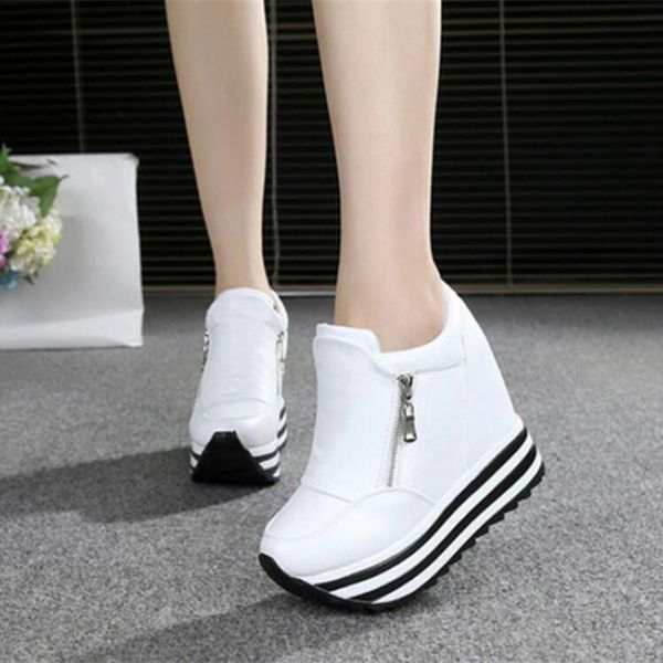 

wgznyn spring autumn wedges shoes woman platform sneakers zipper shoes hidden heel height increasing casual shoes for women w405, Black