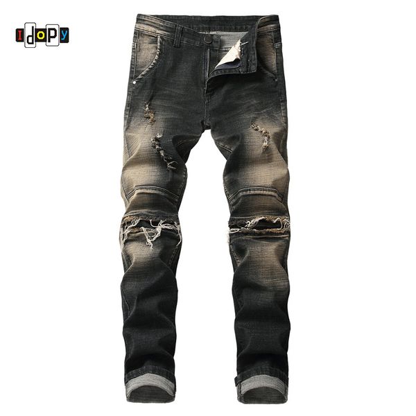 

idopy fashion mens hip hop ripped jeans straight fit washed vintage black jeans distressed holes denim pants trousersfor men, Blue