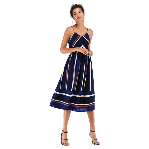 

2019 spring and summer dress one hair women v collar striped color chiffon sling in the long skirt, Black;gray