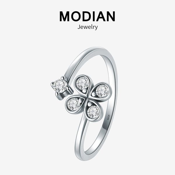 

modian sparkling flower clover ring 100% 925 sterling silver adjustable clear zircon lucky fashion charm rings for women jewelry, Golden;silver