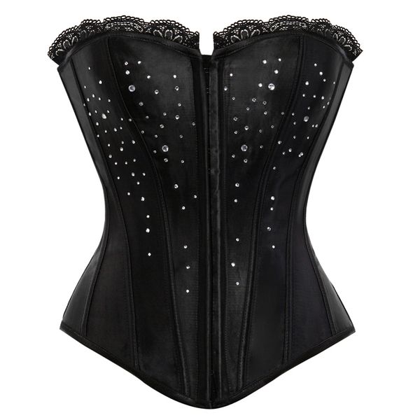 

black satin lace up boned overbust corset rhinestone cover waist cincher clubwear bodyshaper bustier plus size s-2xl, Black;white