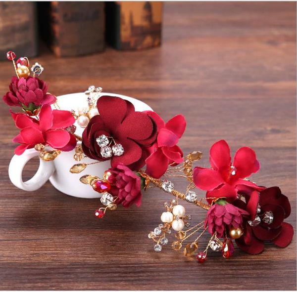 

red flower wedding dress, wine dress, hair ribbon, hair ornament, antique bride handmade headdress, bride ornament, Slivery;golden
