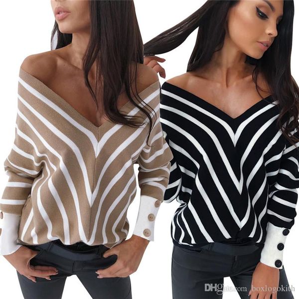 

striped womens designer t shirts casual slim strapless long sleeved dark v neck pullover t shirts fashion women tees, White