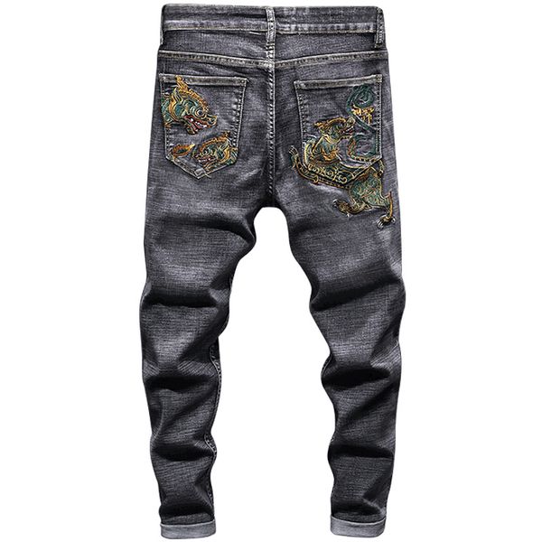 

men's jeans embroidery faucet autumn winter black stretch denim trousers male slim primary color straight plus size, Blue