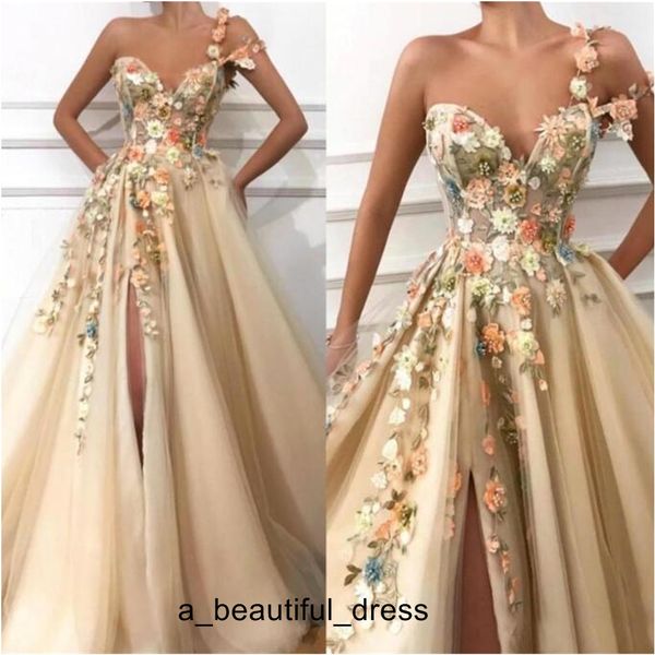 New Champagne Vestidos A Linha de um ombro ocasião Lace apliques 3D Floral Flores frisada dividir especiais Prom Dresses ED1202 Wear