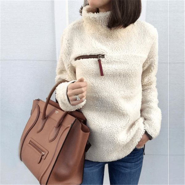 

new women winter long sleeve keep warm wool hoodies loose sweat cloth jumper pullover turtleneck outwear solid color, Black