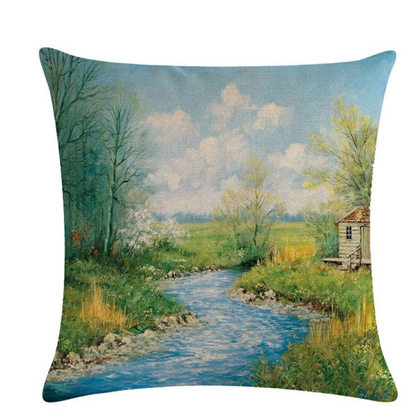 

landscape painting home cushion covers flax spring pillow cover sofa bed nordic decorative pillow case almofadas 45x45cm