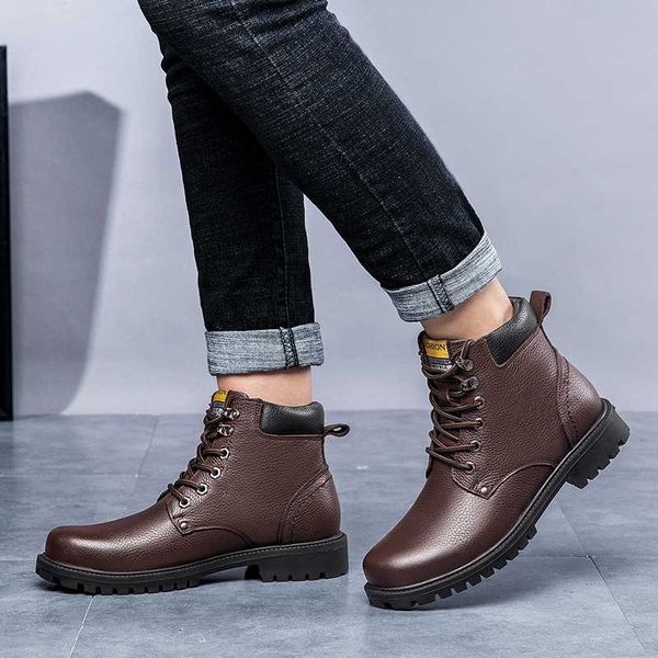 

super warm genuine leather boots men plus size autumn winter shoes men handmade snow boots waterproof shoes, Black