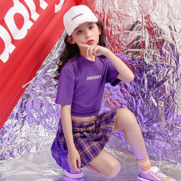 

kids hip hop costumes cropped t shirt pleated skirt for girls jazz dance plaid skirts ballroom dancing clothes street wear, Black;red
