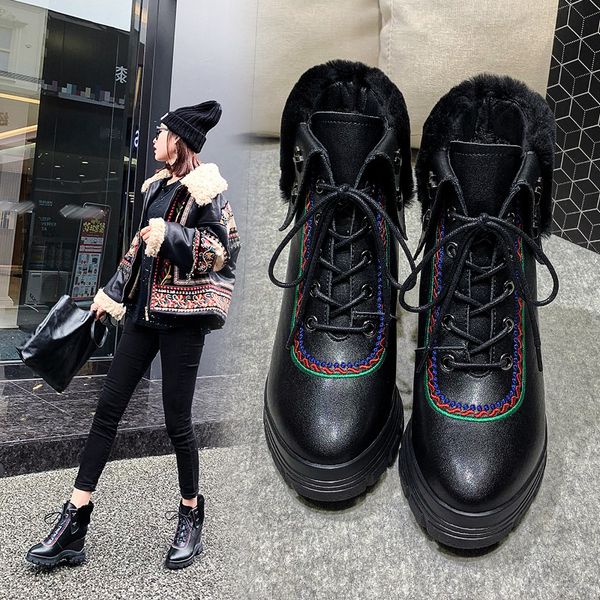 

ankle boots women's wedges shoes cow leather plush keep warm ankle boots women's casual shoes zapatos mujer, Black