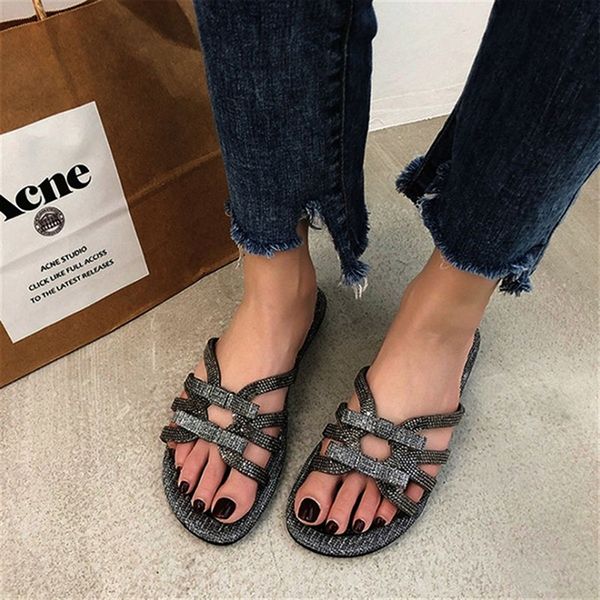 

female bow sequin slippers women bow slippers summer flat slides fashion casual beach flip flops non-slip shoes, Black