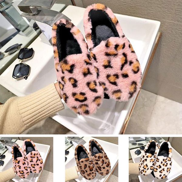 

2020 casual lazy fur shoes women's low round head flat leopard plus velvet cotton shoes winter home wear size 35-40, Black