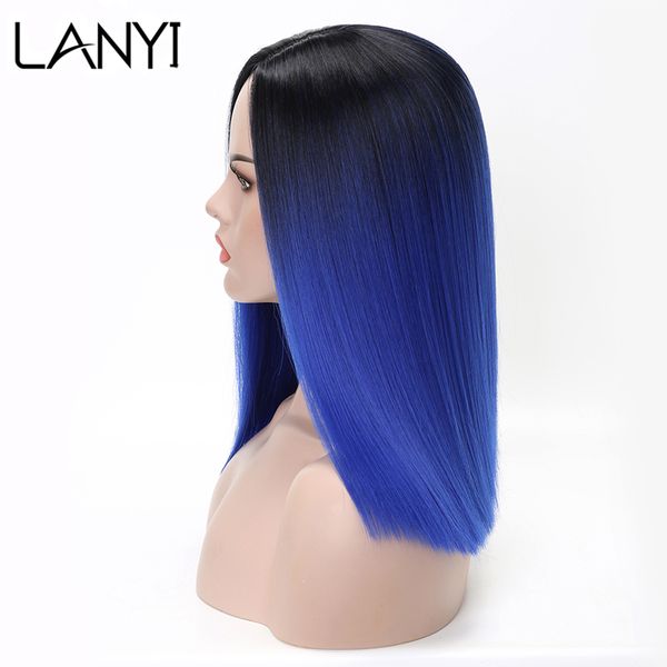 

lanyi synthetic hair wigs middle part straight medium long hair wig heat resistant fibers for women, Black