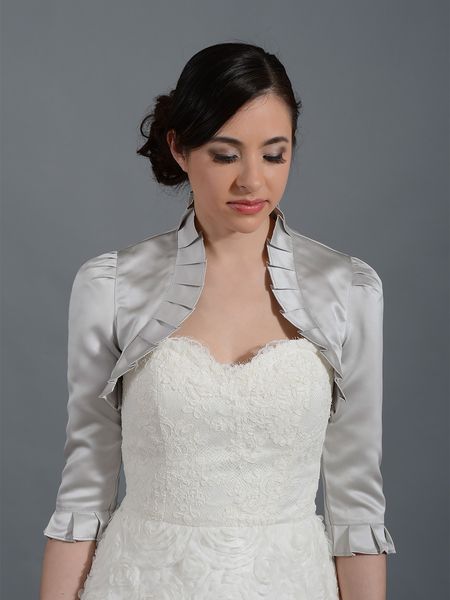 

2019 elegant silver wedding jackets satin 3/4 length sleeves bridal bolero high neck ruffles wedding wrap shawl wedding accessory, White