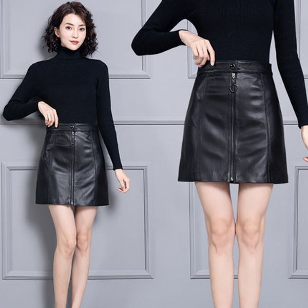

2019 new fashion genuine sheep real leather skirt k47, Black