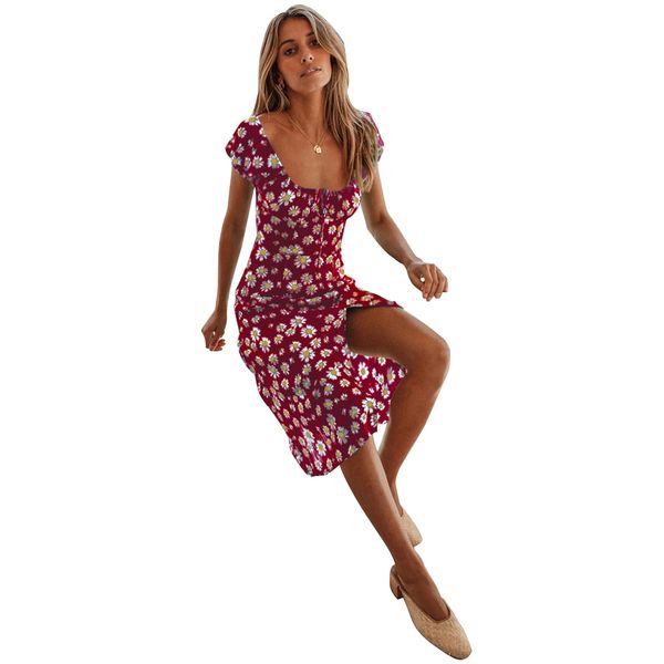 

amazon style low-cut puff sleeve printing split sense of design simple prevalent style joker, Black;gray