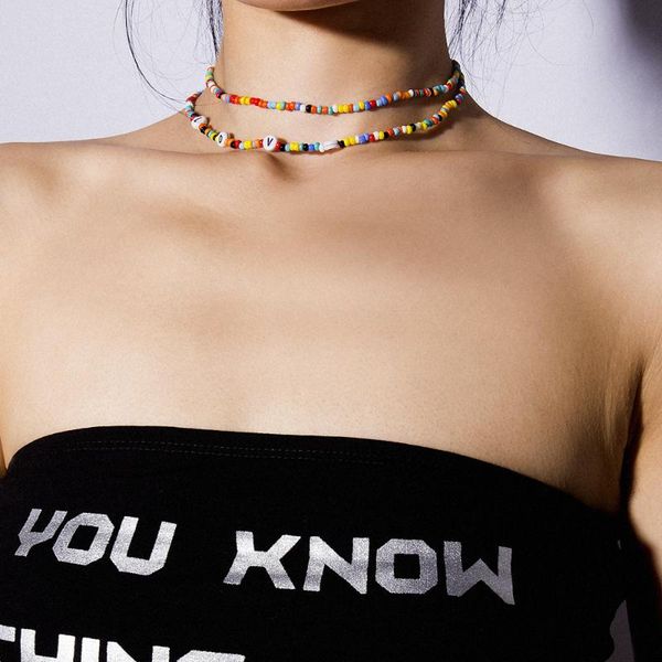 

misscycy bohemian красочного бисер письмо любовь choker ожерелье заявление короткого воротник ключица цепь ожерелье для женщин jewelr, Silver