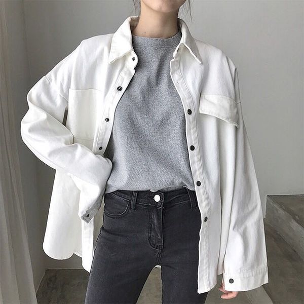 

осень новые женщины негабаритных джинсовые куртки весна лето твердые bfstyle белые рубашки с карманами женский плюс размер свободные тонкие, Black;brown