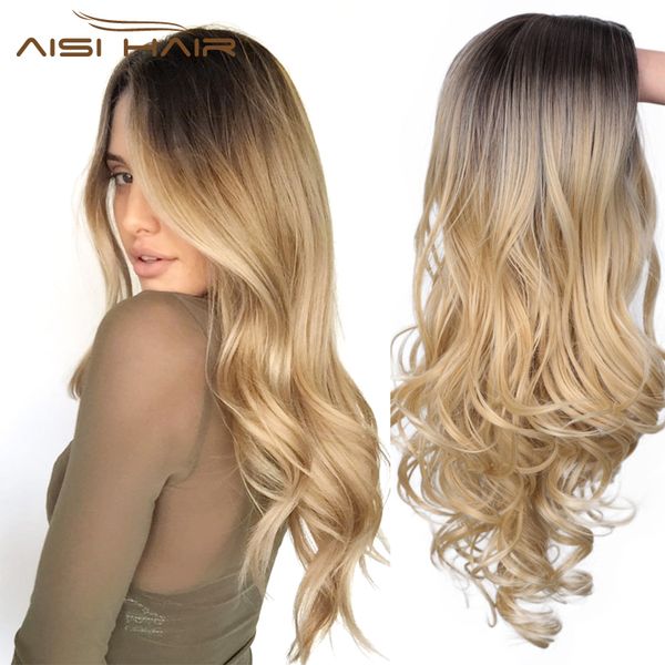 

aisi hair 24inches middle part nature wave wig ombre black blonde wig fiber synthetic long wigs for women