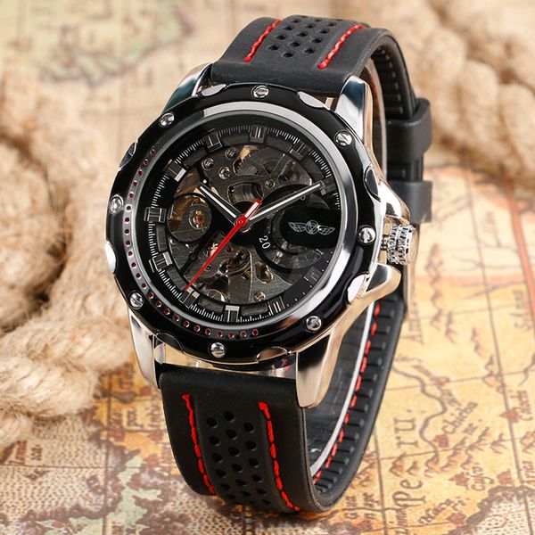 

skeleton automatic mechanical watch silicone strap sport watch mechanical watches men luxury male gifts relogios masculino, Slivery;brown