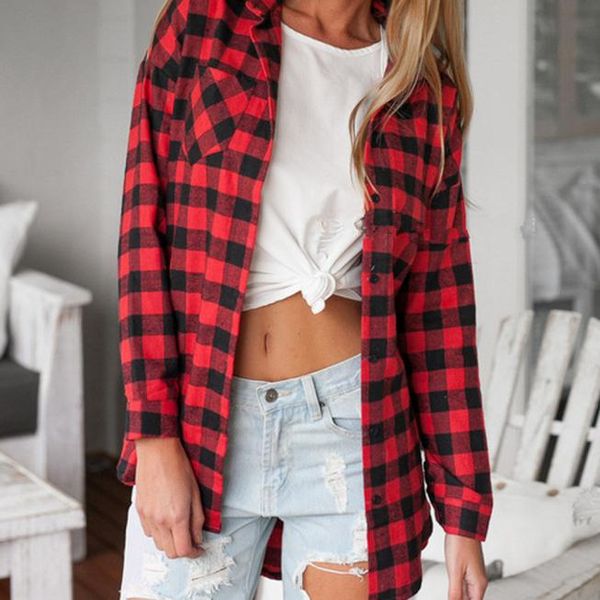 

2019 fashion women clothing red plaid print long blouse feminine shirt casual blouse loose large size women 40*, White