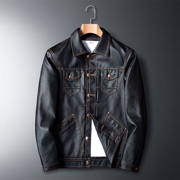 

pu men's leather jacket men's motorcycle jacket 2019 large size increase collar zipper leather men, Black