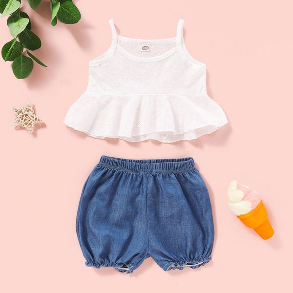 

summer baby girl solid color cotton suspenders shorts two-piece suits, White