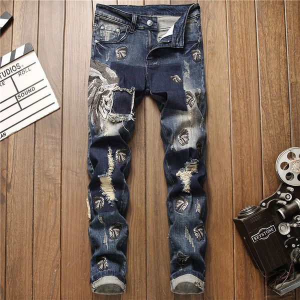 

men jeans designer new fashion casual skinny bleached solid washed long zipper fly pencil pants cotton blend size brand jeans, Blue