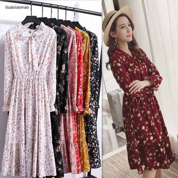 

women dresses chiffon shirt vestidos office polka dot vintage 2020 autumn winter dress midi floral female long sleeve dress, Black;gray