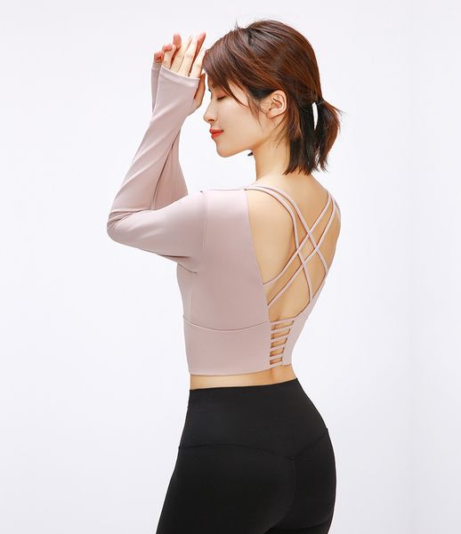 

product women back straps gym yoga crop yoga shirts long sleeve training fitness running sport t-shirts pink black red, White;red